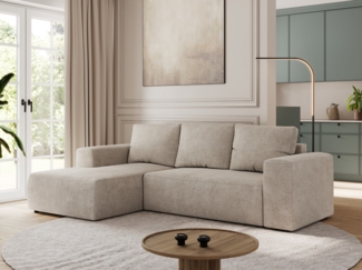 Ecksofa mit Schlaffunktion, Bettkasten und losen Kissen für das Wohnzimmer - TRENTINO - Beige Stoff - links