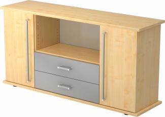 bümö Sideboard Ahorn mit Flügeltüren & Regal - Büromöbel Sideboard mit Schubladen Holz 166cm breit, 45cm schmal, Büro Schrank für Flur oder als Wohnzimmer-Kommode mit Chromgriff, SBTS-3-3-CE