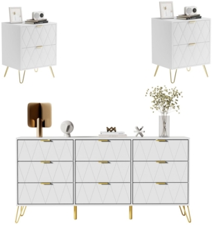 UEV Schlafzimmer-Set 3er-Set Schlafzimmermöbel, Möbelset im skandinavischen Stil, (Modern Linienmuster, Kommode mit 9 Schubladen und 2er-Set Nachttisch), Schrank mit Kippschutz, Goldene Griffe und Füße, Soft-close