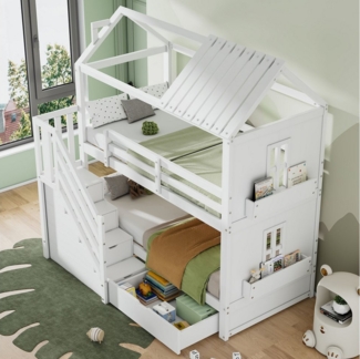 i@home Etagenbett Haus-Etagenbett mit Dach, Stauraumtreppe & Regalen, 90x200 cm Weiß, Doppelstockbett mit Haus-Design, Treppe und Schubladen