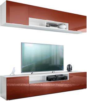 Vladon Wohnwand Mogan, Weiß matt/Bordeaux Hochglanz - Moderne Anbauwand bestehend aus 2 TV-Boards (181 x 147 x 35 cm)