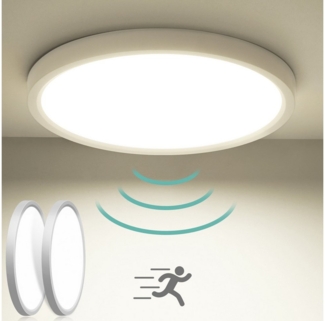 Oraymin LED Deckenleuchte mit Bewegungsmelder Innen, 18W LED Deckenleuchte Radar Bewegungssensor, 2PCS Bewegungsmelder, LED fest integriert, 4000K Neutralweiß, Rund Licht für Flur Treppe Küche Balkon Abstellraum Keller 23×2,4cm