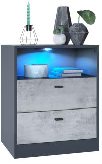 Vladon Kommode Pino V1, Nachttisch mit 2 Schubladen & 1 offenem Fach, Anthrazit matt/Beton Oxid Optik mit LED RGB (56 x 67,5 x 36 cm)