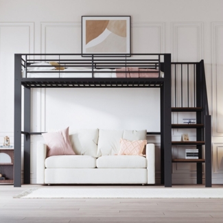 MODFU Kinderbett Hochbett aus stabilem Metall (Metallbett mit Treppe & Stauraum, Platzsparendes Stauraumbett, 90x200 cm), ohne Matratze