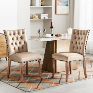 2er Set Esszimmerstuhl Samt gepolstert Massivholz mit Kupfernägeln, modernes Design, komfortabler Sessel,Helles Kamel
