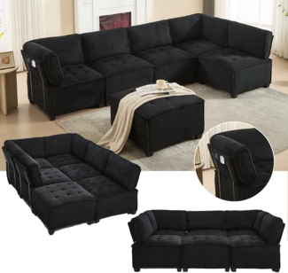 LVHOM Modulares Sofa U Form 308 x 82 x 154 cm, 6-Sitzer mit Schlaffunktion, Modular Cord Ecksofa, umwandelbares Schaumstoffsofa, Sofagarnitur, Schwarz