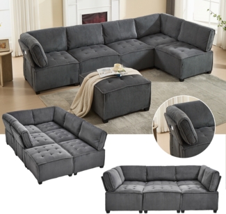 LVHOM Modulares Sofa U Form 308 x 82 x 154 cm, 6-Sitzer mit Schlaffunktion, Modular Cord Ecksofa, umwandelbares Schaumstoffsofa, Sofagarnitur, Schwarz
