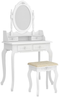 VINGLI Schminktisch mit Spielgel, Kosmetiktisch mit Hocker und 4 Schubladen, Frisiertisch, MDF Holz, 75 x 40 x 142,5cm, Weiß