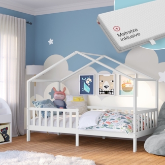 Bellabino 'Bia' Hausbett 80x160 cm mit Matratze, weiß, Kiefer Massivholz, Montessori Kinderbett mit Rausfallschutz und Lattenrost