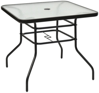 COSTWAY Bistrotisch Gartentisch mit Schirmloch und Glasplatte für den Innen- und Aussenbereich, Schwarz, 80 x 80 x 71 cm