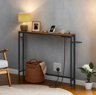 VASAGLE Konsolentisch, Flurtisch, schmales Design, 15 x 100 x 80 cm, mit Ladestation, Haken, 1 Set
