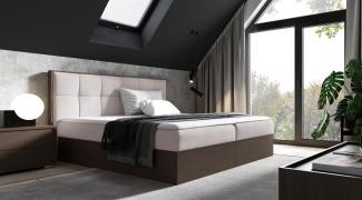 Boxspringbett Bett THANOS 140x200cm Dunkel Eiche Stoff Hellbeige inkl Bettkasten