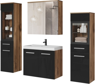 welltime Badmöbel-Set MADRIT II, Schrank mit Waschbecken, 2 Hänger, Spiegelschrank, (Komplett-Set, 5-St), Hängende Badmöbel mit Glaseinsätzen – in vielen Farben erhältlich