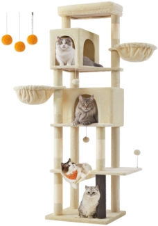 Feandrea Kratzbaum groß, 190,7 cm hoch, XXL, mehrstöckiger Katzenbaum mit 2 Höhlen, 2 Liegemulden, 5 Kratzsäulen, Katzenbürste, große Plattform, sandbeige