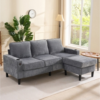 HAUSS SPOLE Schlafsofa Couch mit USB- und Typ-C-Anschlüssen, 2 Getränkehaltern Grau, Leinen, Wohnzimmersofa, Polstersofa, mit USB- und Typ-C-Anschlüssen