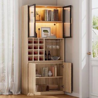 Flieks Küchenbuffet mit LED-Beleuchtung, Glastüren, Weinregal und Gläserhalter (1-St, B80/T40/H180 cm) Küchenschrank mit verstellbare Ablagen Hochschrank Standvitrine Holz