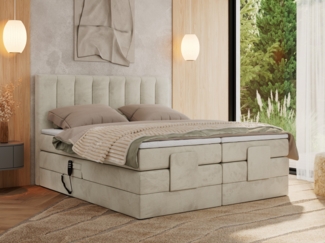 Boxspringbett mit elektrisch verstellbaren Matratzen, zwei Bettkästen und einem Topper - COMFORTO - 140 x 200 cm - Beige Velvet - H4