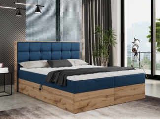 Boxspringbett mit Kopfteil und Topper, Polsterbett - ALBERO 1 - 200 x 200 cm - Blau Velvet - H3