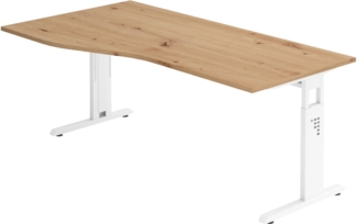 bümö höhenverstellbarer Schreibtisch O-Serie 180x100 cm in Asteiche, Gestell in weiß - großer PC Tisch für's Büro manuell höhenverstellbar, Computertisch verstellbar, OS-18-R-W