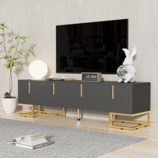 TV-Lowboard, Spanplatte mit 4 Türen & Metallgestell, 170x40x45,5 cm, GrauSchwarz/gold