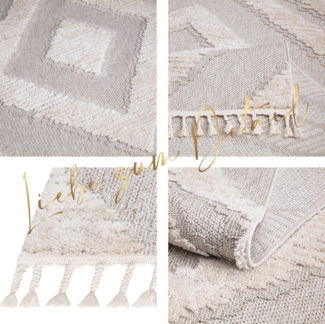 Teppich Wohnzimmer - 120x170cm - Creme - Raute - Hochtief Effekt - Fransen Deko Boho Flauschig - Cut & Loop Sisal - Schlafzimmer Flur Dekoration Läufer