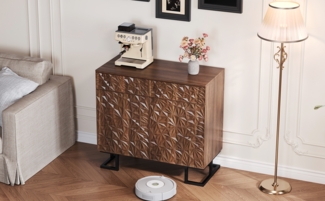 Sideboard 80x40x78 cm, dunkle Walnussoptik mit Blätterrelief, 2 Schubladen & 2 Türen, Metallbeine,braun