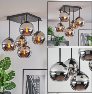 hofstein Deckenleuchte Deckenlampe aus Metall/Glas in Schwarz/Chrom-/Rauchfarben, Deckenleuchte im Retro/Vintage-Design (Schirm Ø 15 cm), 5 x E14