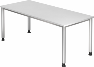 bümö höhenverstellbarer Schreibtisch H-Serie 180x80 cm in weiß, Gestell in Silber - großer PC Tisch für's Büro manuell höhenverstellbar, Computertisch verstellbar, HS-19-W