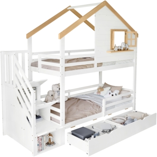 Merax Etagenbett, mit Aufbewahrungstruhen, raffiniertes kleines Haus Design mit einem Fenster, Holz Weiß + Natur, 90x200cm