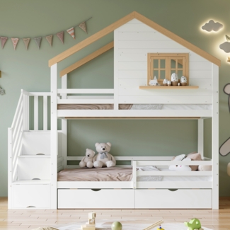 Merax Etagenbett 90x200cm, Kinderbett Holzbett, mit Aufbewahrungstruhen, raffiniertes kleines Haus Design mit einem Fenster, Weiß + Natur