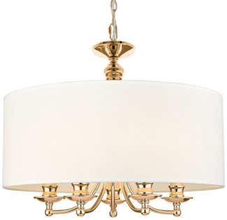 Licht-Erlebnisse Pendelleuchte HALDEN, ohne Leuchtmittel, Stoff Metall D: 50 cm rund höhenverstellbar 5x E14 in Gold Weiß