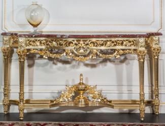 Casa Padrino Luxus Barock Konsole Gold / Rot 200 x 48 x H. 93 cm - Prunkvoller handgeschnitzter Konsolentisch mit Marmorplatte - Hotel Restaurant Schloss Möbel - Luxus Qualität - Made in Italy