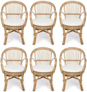 Casa Padrino Luxus Gartenstuhl 6er Set Naturfarben / Weiß 57 x 61 x H. 80 cm - Rattan Stühle mit Armlehnen und Sitzkissen - Moderne Rattan Garten & Terrassen Möbel