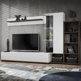 Lomadox Wohnwand SAPRI-164, (4-St, Wandboard Hängevitrine Regalschrank Lowboard), Wohnmöbel Schrankwand, weiß Hochglanz mit Eiche, inkl. LED-Beleuchtung