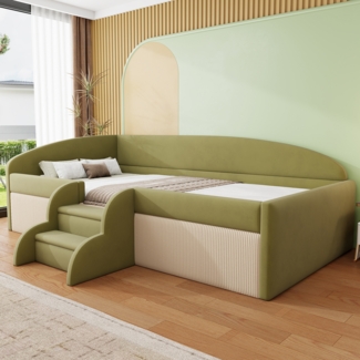 Merax Polsterbett Sofabett, 90*190cm, Einzelbett Multifunktionsbett, Mit Stufen und Zäunen, Hautfreundlicher Samtstoff, ohne Matratze, Dunkelgrün + Cremeweiß