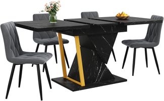 Ausziehbarer Esstisch 110–140 x 80 x 76 cm, MDF-Marmoroptik schwarz, Metallgestell