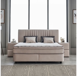 abc bedding Boxspringbett Komfortbett CLARA in Braun Beige Samt-Stoff (Bett mit Topper, inkl. Matratze und Topper), Voll-orthopädisches Schlafsystem inklusive Bettkasten