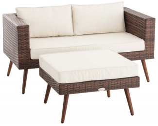 2er Sofa Molde mit Fußhocker Flachrattan braun-meliert 40 cm (Dunkelbraun), cremeweiß