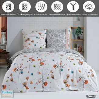 Buymax Bettwäsche Adalia, Aria, Renforcé, 4 teilig, Bettbezug-Set 155x220 cm 100% Baumwolle Reißverschluss Blumen Weiß