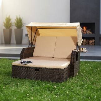 Strandkorb Braun Sonnendach Sonnenliege Sonnenbett Polyrattan Lounge Gartenmöbel