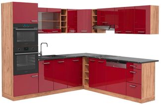 Eckküche R-Line Rot Hochglanz/Goldkraft Eiche 247 x 60 cm , AP Anthrazit Vicco