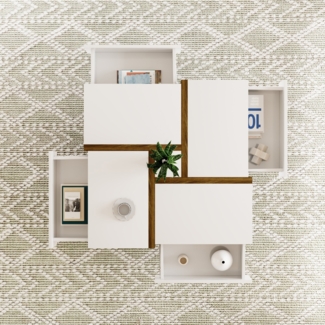 Couchtisch 78x78x34.8 cm, Hochglanz weiß mit 4 Schubladen und Ablage, Weiß und Holzfarbe