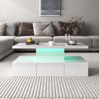 HAUSS SPOLE Couchtisch mit Schubladen, LED-Licht und 2 Ablageebenen, Hochglanz, Weiß