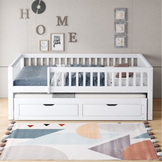 Merax Daybett mit Ausziehbett 90x190cm (Jugendbett Doppelbett Kinderbett Sofabett, Kiefernholz, 1 tlg), Schlafsofa Tagesbett 90x200cm mit 2 Schubladen und Sicherheitsgitter