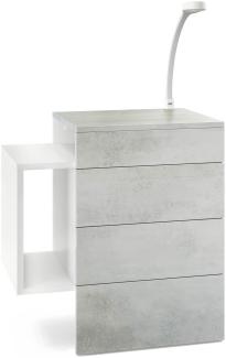Vladon Nachttisch Queens, Nachttischschrank mit 2 Schubladen und 1 seitlichem Fach zur Wandmontage, Weiß matt/Beton Oxid-Optik, inkl. LED Flexi Lampe weiß (60 x 63 x 36 cm)