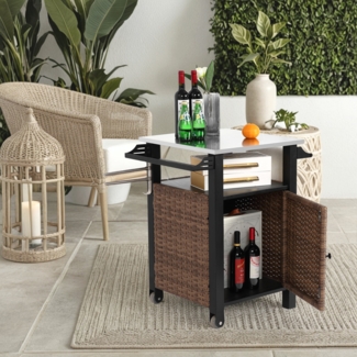 LVHOM Küchenwagen aus Polyrattan auf Rollen, Servierwagen mit Arbeitsplatte, Handtuchhalter, Gewürzregalen & Schrank, Kücheninsel Küchenschrank