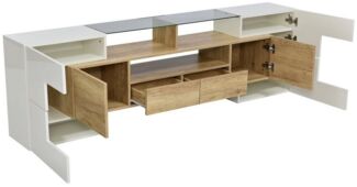 BlingBin TV-Schrank Lowboard, LED-Beleuchtung, hochglänzendes Weiß, 200 cm (elegante Glasoberfläche, Wohnzimmermöbel)