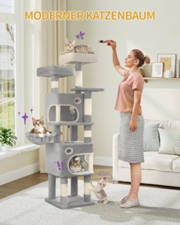 Kratzbaum, 159 cm Katzenbaum mit 8 Kratzs?ulen, 3 Plattformen, 2 H?hlen, Korb, Plschb?lle, Sisalseil, Geeignet fr Katzen Verschiedener Gr??en, Hellgrau