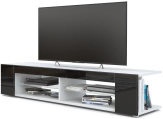 Vladon Lowboard Movie, TV-Kommode mit 4 offenen Fächern und Zierleisten, Weiß matt/Schwarz Hochglanz (134 x 29 x 39 cm)