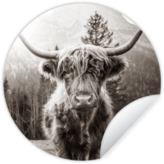 MuchoWow Wandsticker Schottischer Highlander - Tiere - Schwarz - Weiß (1 St), Wandtattoo Selbstklebend, Wohnzimmer Deko Aufkleber, 30x30 cm